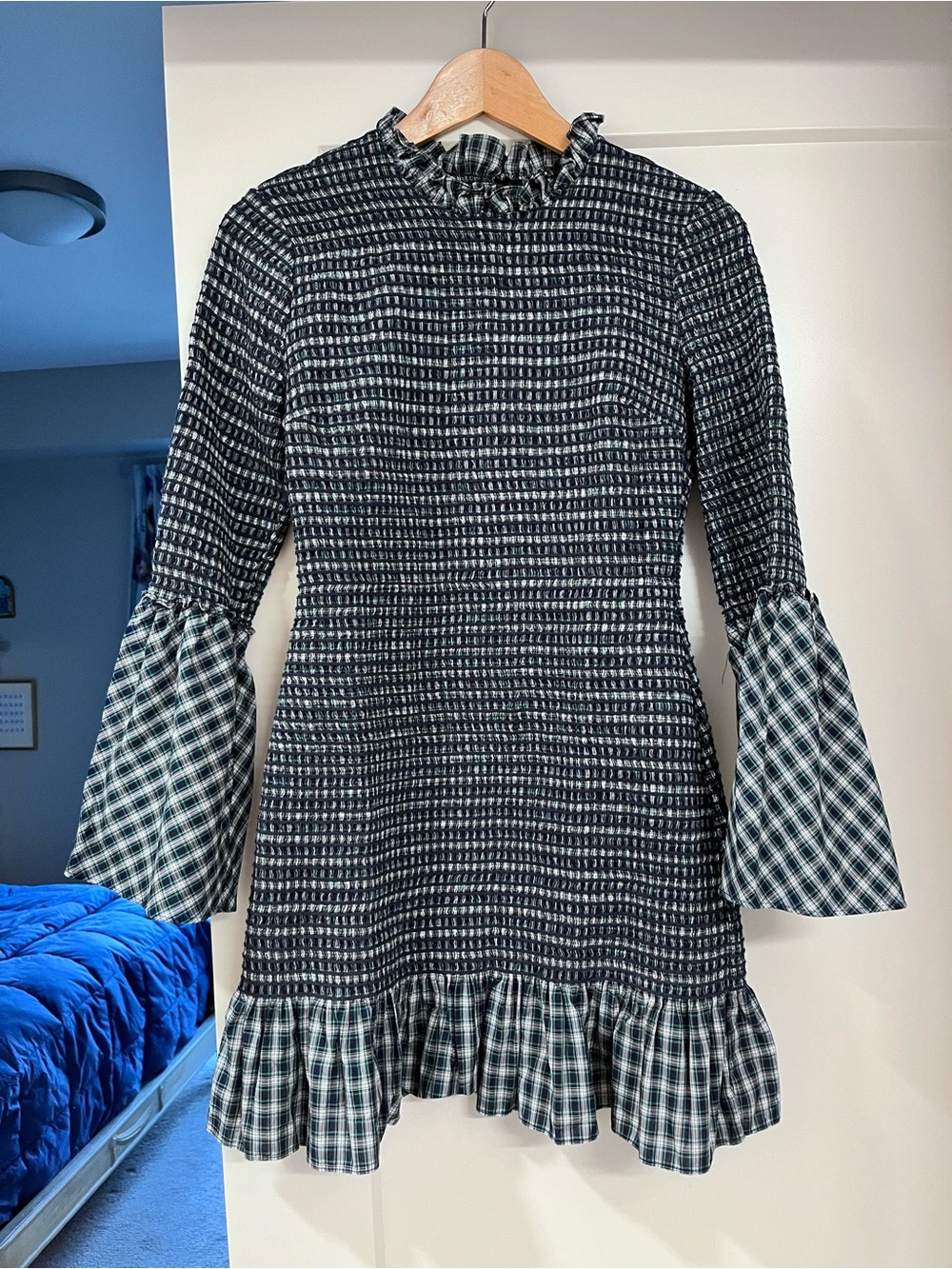 Petersyn navy and green plaid Ruffle Mini Dress